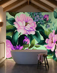 Pink and purple Full Bloom floral wallpaper mural in modern bathroom with freestanding tub