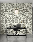 Garden Folly black toile pastoral wallpaper as a feature wall in a bright home office