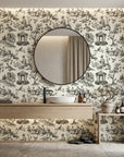 Garden Folly black toile pastoral wallpaper creating ambiance in a serene bathroom