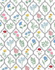 Cottage-style Garden Trellis wallpaper with colorful wildflowers in gray quatrefoil frames on white background