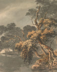 Classical landscape Garden with Townscape wallpaper featuring gnarled trees and waterside scene in sepia tones
