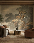 Garden with Townscape mural wallpaper featuring romantic landscape with golden trees in elegant living room