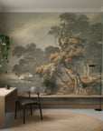 Classical landscape mural wallpaper featuring gnarled trees and misty scenery in sage green and amber tones
