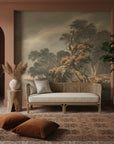 Classical Garden with Townscape mural wallpaper featuring gnarled trees in sage and gold tones on terracotta wall