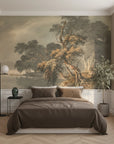 Vintage landscape mural wallpaper featuring amber and sage trees from Garden with Townscape collection in serene bedroom