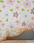 Ditsy floral motif in pastel rose and azure tones removable wall covering - Gentle Bloom