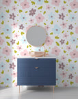 Small-scale botanical pattern featuring pale pink and light blue blossoms peel and stick - Gentle Bloom