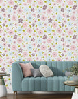 Delicate miniature flowers in blush and sky blue on an adhesive-backed wallpaper - Gentle Bloom
