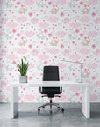 Gentle Flutter white pink elephant and cloud wallpaper as a feature wall in a bright home office