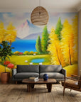 Canvas-like vibrant mountain meadow pastoral landscape peel and stick wallpaper - Gentle Pasture