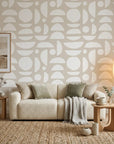Geo Eclipse overlapping petal wallpaper in a warm and inviting living room