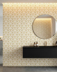 Gilded Arcade elegant gold art deco wallpaper creating ambiance in a serene bathroom