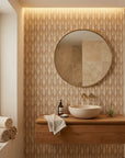 Gilded Bark golden neutral abstract wallpaper creating ambiance in a serene bathroom
