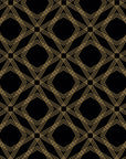 Removable self-adhesive wallpaper featuring a black and gold diamond-shaped geometric trellis pattern