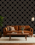 Gilded Cage black and gold geometric diamond trellis wallpaper in a warm and inviting living room