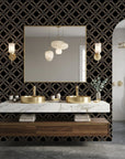 Gilded Cage black and gold geometric diamond trellis wallpaper creating ambiance in a serene bathroom