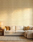Gilded Corner bold gold and white geometric stripe mural wallpaper creating ambiance in a serene bathroom