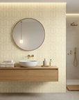 Gilded Corner bold gold and white geometric stripe mural wallpaper as a feature wall in a bright home office