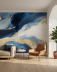 Navy blue peel and stick wallpaper with metallic gold accents