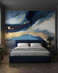Dark blue wall covering featuring gold highlights and flowing design