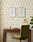 Gilded Frond neutral botanical peel and stick wallpaper as a feature wall in a bright home office