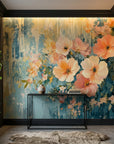Gilded Garden removable wallpaper featuring oversized peach and cream floral blooms on distressed teal background in modern entryway
