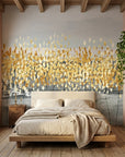Gilded Grass gold and grey abstract botanical wallpaper in a warm and inviting living room