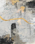 Gilded River grey and gold abstract expressionist wallpaper creating ambiance in a serene bathroom