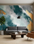 Canvas-like teal and gold abstract brushstroke peel and stick wallpaper - Gilded Sweep