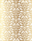 The 'Gilded Symmetry' self-adhesive wall covering features a botanical damask pattern in white and shimmering metallic gold