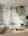 Gilded Fog soft grey and gold abstract in a warm and inviting living room