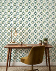 Gilt Scatter blue and green floral wallpaper as a feature wall in a bright home office