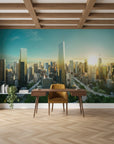 Modern city skyline Glass & Gold mural wallpaper in home office with turquoise and golden sunset tones