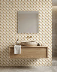 Gold Dash neutral abstract peel and stick wallpaper creating ambiance in a serene bathroom