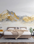 Gold and gray mountain peaks removable wallpaper on modern bedroom accent wall