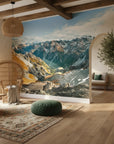 Golden sunlit mountain passage with warm tones removable wallpaper