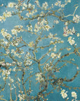 Impressionist Golden Blossoms wallpaper with white almond flowers on turquoise blue background