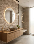 Golden Canopy yellow tree wallpaper creating ambiance in a serene bathroom