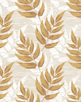 Botanical Golden Fern wallpaper with warm gold leaves on textured cream background in soft natural lighting