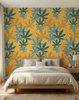 Golden Frond golden teal tropical palm adding character to a cozy bedroom