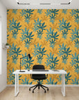 Golden Frond golden teal tropical palm as a feature wall in a bright home office