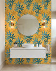 Golden Frond golden teal tropical palm creating ambiance in a serene bathroom