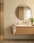 Cream and gold Golden Grasscloth peel and stick wallpaper in modern minimalist bathroom with woven basket-weave texture