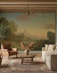 Classical landscape mural wallpaper Golden Hour Valley featuring pastoral sunset scene in sage green and gold tones