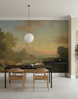Classical landscape mural wallpaper Golden Hour Valley featuring sunset sky and pastoral scene in dining room