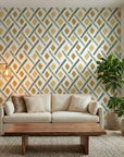 Golden Lattice regal geometric wallpaper in a warm and inviting living room