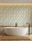 Golden Lattice regal geometric wallpaper creating ambiance in a serene bathroom