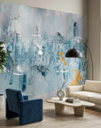 Textured blue and gold abstract painterly peel and stick wallpaper - Golden Mist