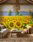 Canvas-like yellow sunflower field landscape peel and stick wallpaper - Golden Noon
