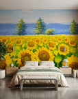 Golden Noon yellow sunflower field landscape wallpaper in a warm and inviting living room